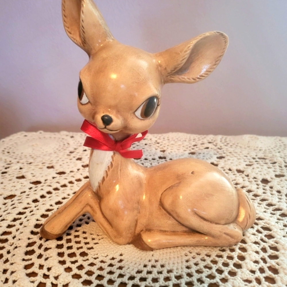 Ceramic Deer Figurine with Red Bow